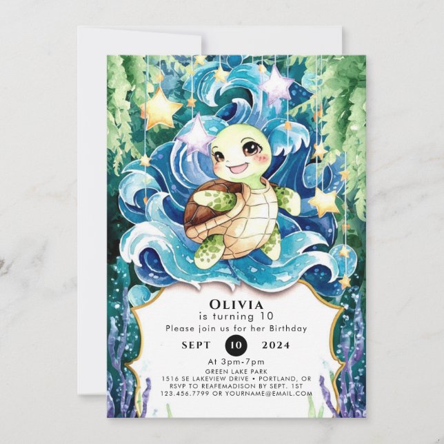 Invitación Cumpleaños de la tortuga infantil caprichosa (Anverso)