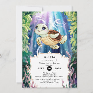 Invitación Cumpleaños de la tortuga infantil pastel mágica