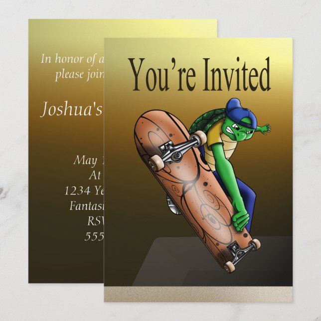 Invitación Cumpleaños de la tortuga Skateboarder (Anverso / Reverso)