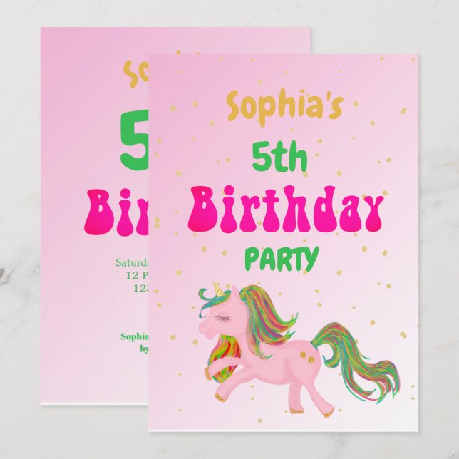 Invitación Cumpleaños de la unicornio de oro arcoiris (Anverso / Reverso)