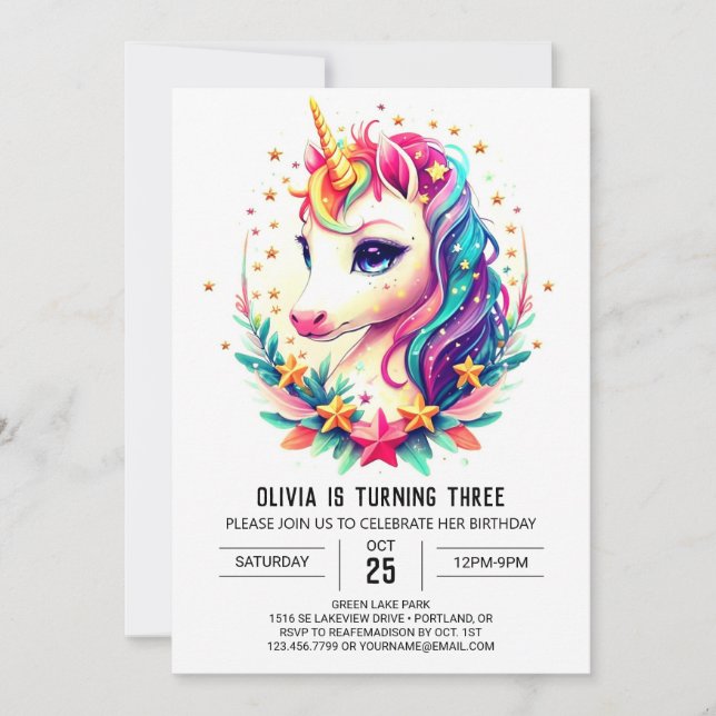 Invitación Cumpleaños de la Unicornio del Arcoiris de Acuarel (Anverso)