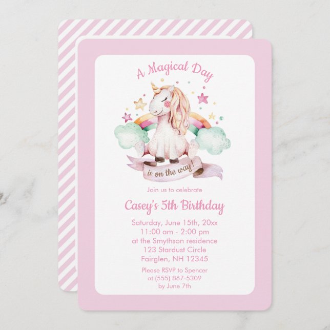 Invitación Cumpleaños de la unicornio y la acuarela rosa arco (Anverso / Reverso)