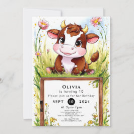 Invitación Cumpleaños de la vaca acuarela infantil