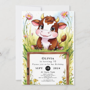 Invitación Cumpleaños de la vaca acuarela infantil