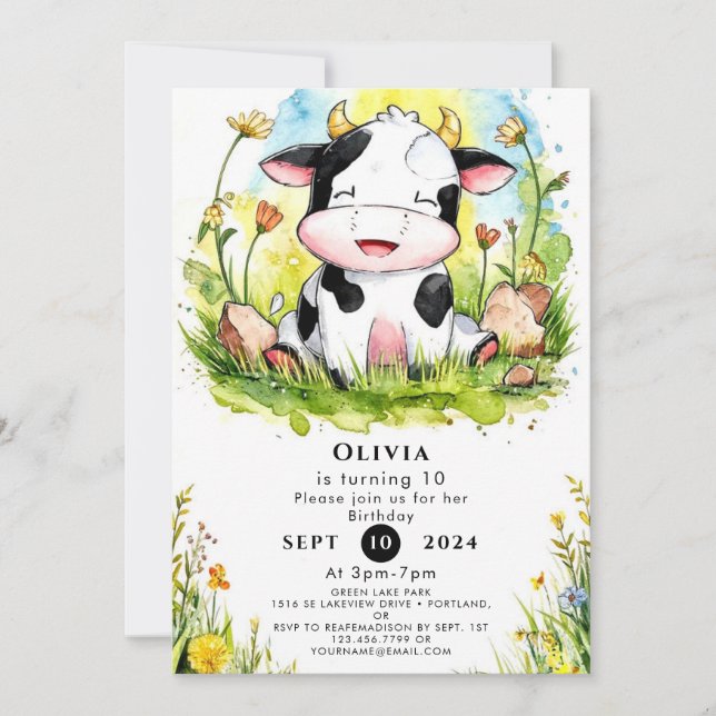 Invitación Cumpleaños de la vaca acuarela simple (Anverso)