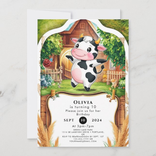 Invitación Cumpleaños de la vaca de Barnyard mágica (Anverso)