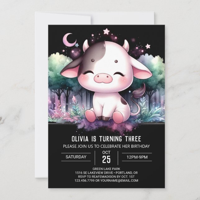 Invitación Cumpleaños de la vaca digital Pastel (Anverso)