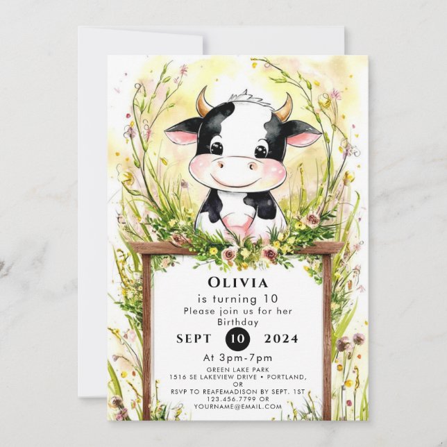 Invitación Cumpleaños de la vaca encantada (Anverso)