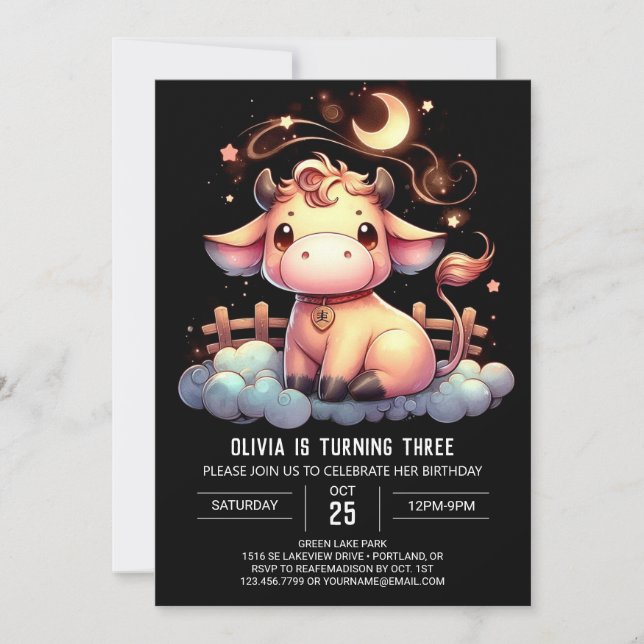 Invitación Cumpleaños de la vaca Personalizado de acuarela (Anverso)