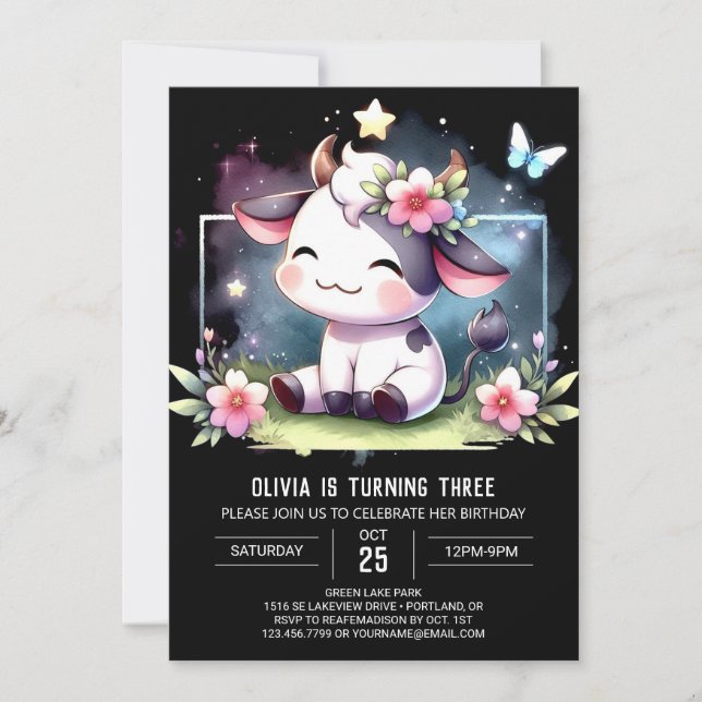 Invitación Cumpleaños de la vaca Personalizado encantada (Anverso)