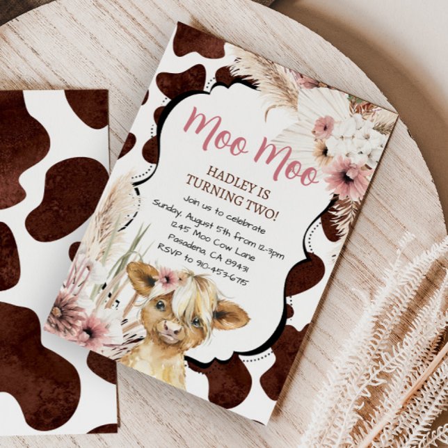 Invitación Cumpleaños de la vaca Rosada Boho Highland (Subido por el creador)