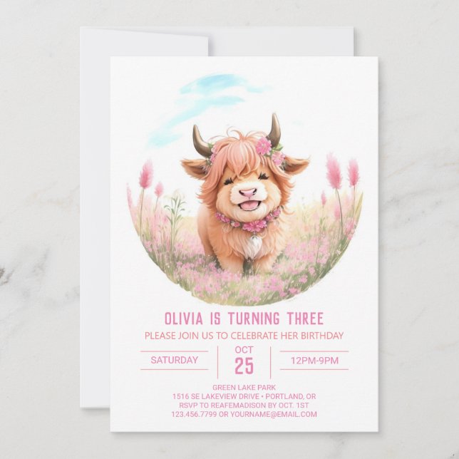 Invitación Cumpleaños de la vaca y la flor silvestre Highland (Anverso)