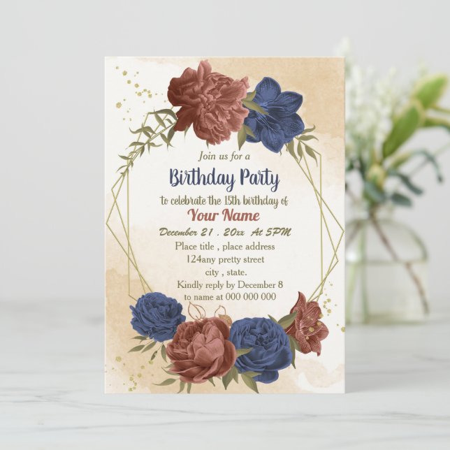 Invitación cumpleaños de la vegetación floral azul marino ter (Anverso de pie)