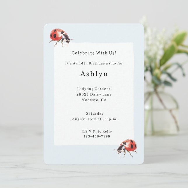 Invitación Cumpleaños de Ladybugs (Anverso de pie)