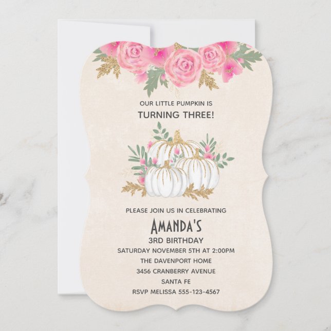 Invitación Cumpleaños de las calabazas blancas y doradas (Anverso)