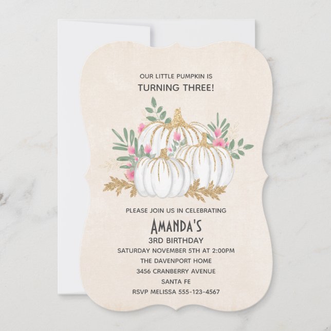 Invitación Cumpleaños de las calabazas blancas y doradas (Anverso)