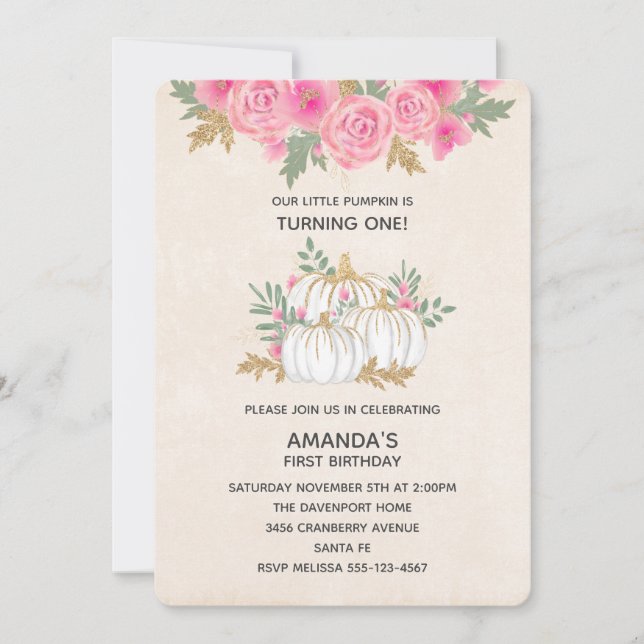 Invitación Cumpleaños de las calabazas blancas y doradas (Anverso)