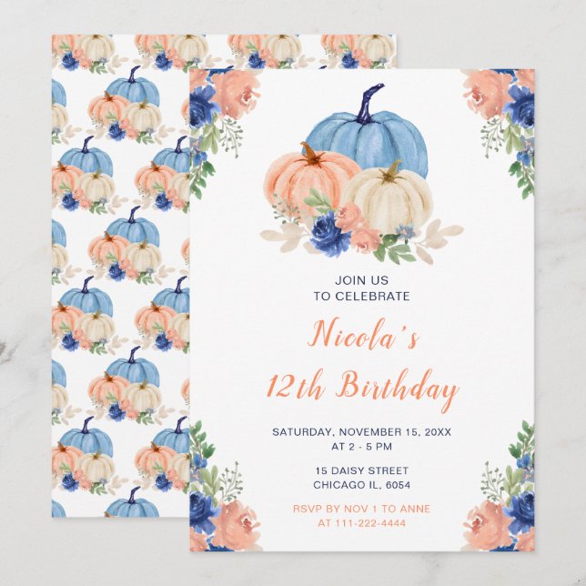 Invitación Cumpleaños de las calabazas florales Navy Blue y R (Anverso / Reverso)
