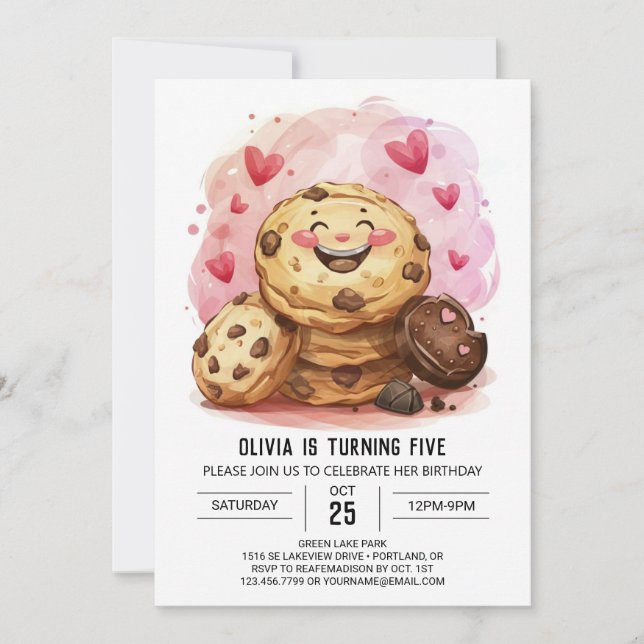 Invitación Cumpleaños de las cookies digitales rosadas impres (Anverso)