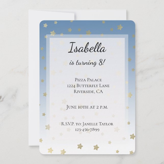 Invitación Cumpleaños de las Estrellas Blue White Gold (Reverso)