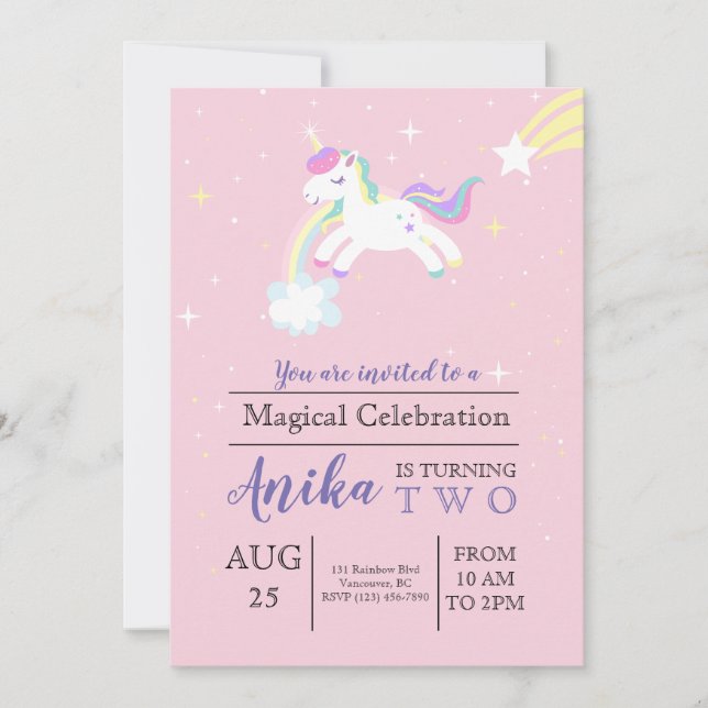 Invitación Cumpleaños de las estrellas del arcoiris de Unicor (Anverso)