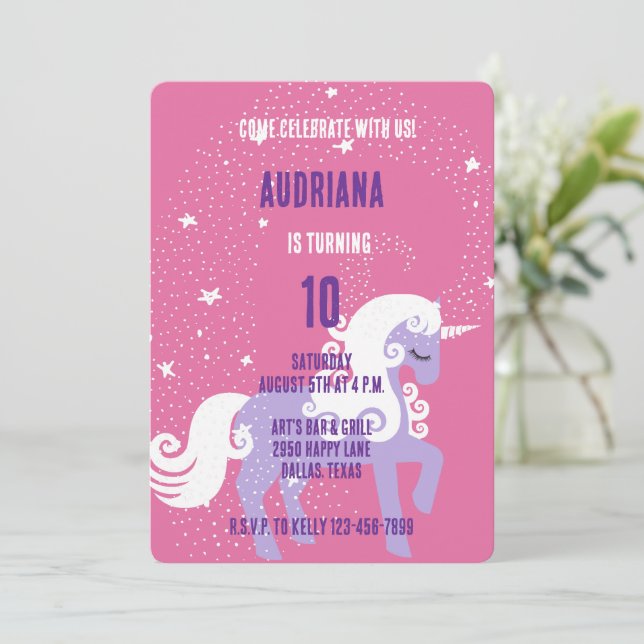 Invitación Cumpleaños de las Estrellas Pink Purple Unicorn (Anverso de pie)