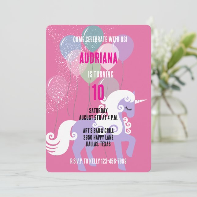 Invitación Cumpleaños de las Estrellas Purple Unicornio (Anverso de pie)
