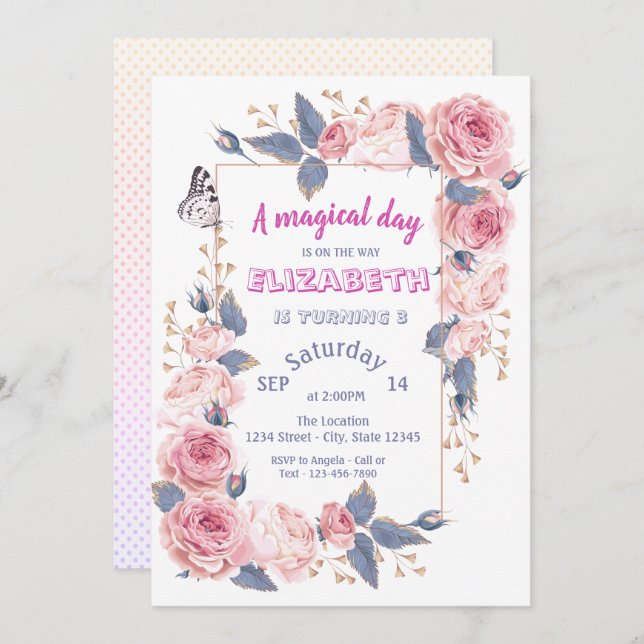 Invitación Cumpleaños de las Flores Adorables (Anverso / Reverso)