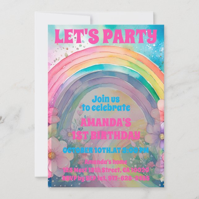 Invitación Cumpleaños de las flores de arcoiris del Fiesta Re (Anverso)