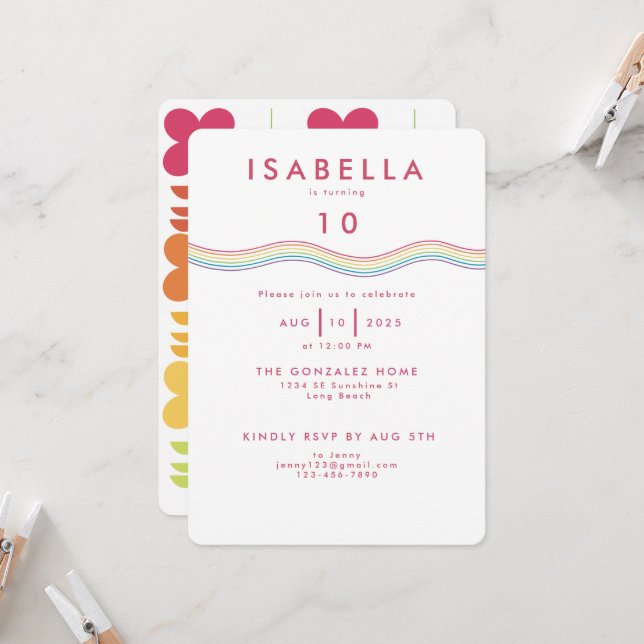 Invitación Cumpleaños de las flores de arcoiris retro diverti (Anverso/Reverso In Situ)