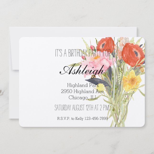 Invitación Cumpleaños de las flores de color agua (Anverso)