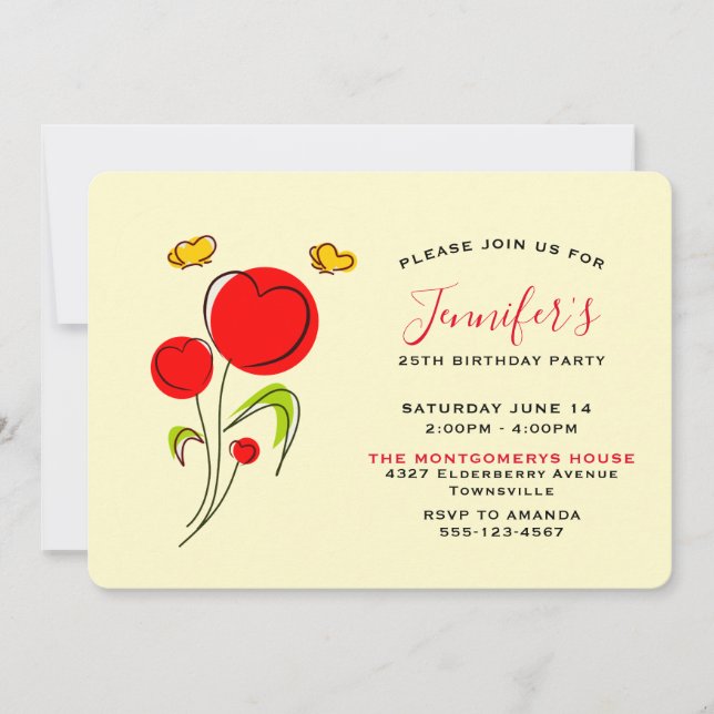 Invitación Cumpleaños de las Flores de Corazón Rojo Cute (Anverso)