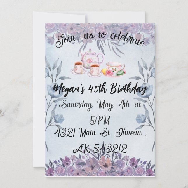 Invitación cumpleaños de las flores de tetera de Lavender (Anverso)