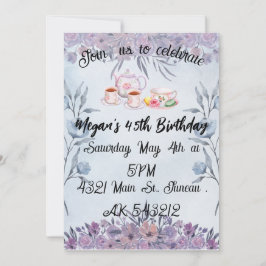 Invitación cumpleaños de las flores de tetera de Lavender