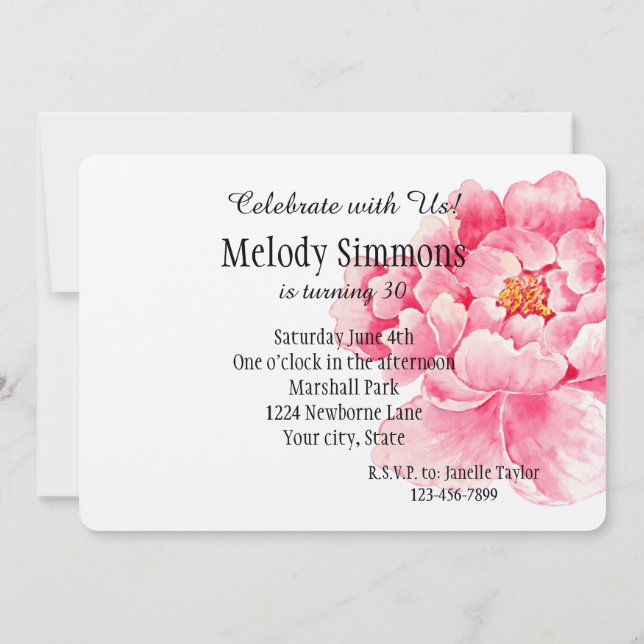 Invitación Cumpleaños de las Flores Pink Peony (Reverso)