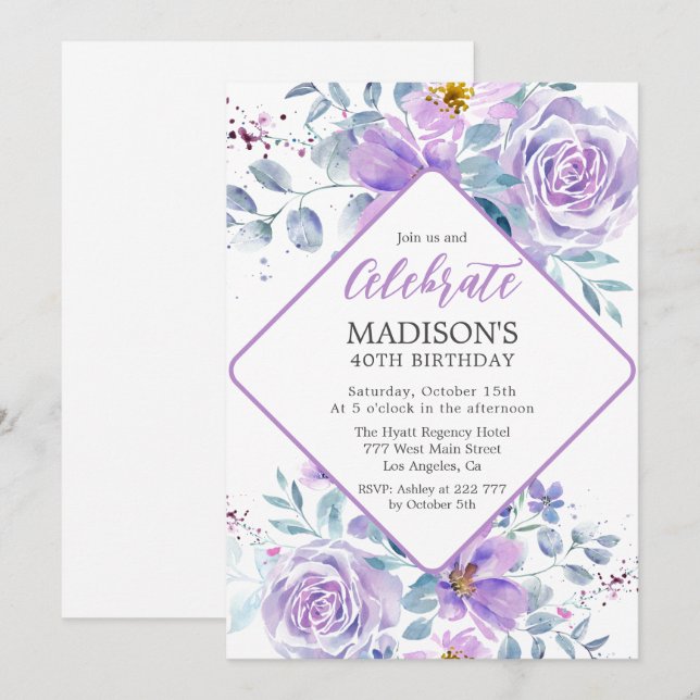 Invitación Cumpleaños de las Flores Púrpura (Anverso / Reverso)