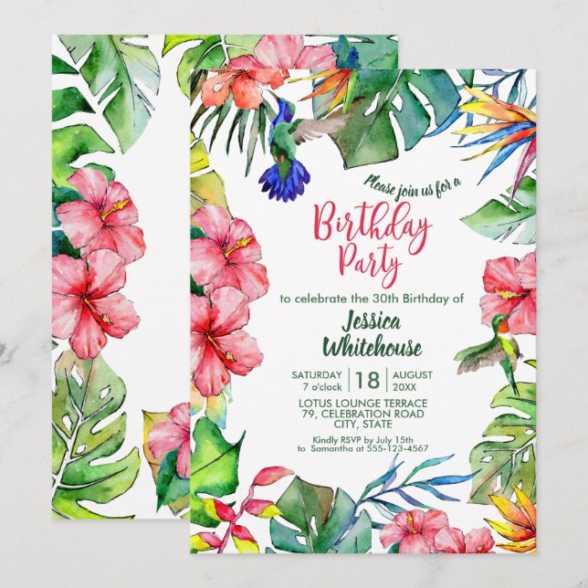Invitación Cumpleaños de las Flores Tropicales Hawaianas (Anverso / Reverso)