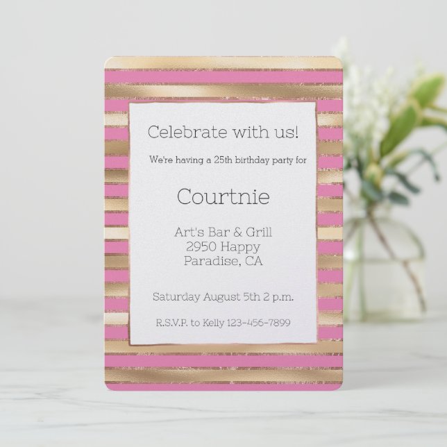 Invitación Cumpleaños de las franjas de oro rosadas (Anverso de pie)
