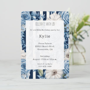 Invitación Cumpleaños de las franjas florales azules de la Ma
