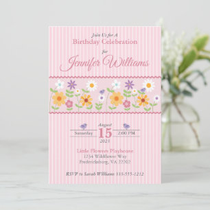 Invitación Cumpleaños de las franjas florales rosadas