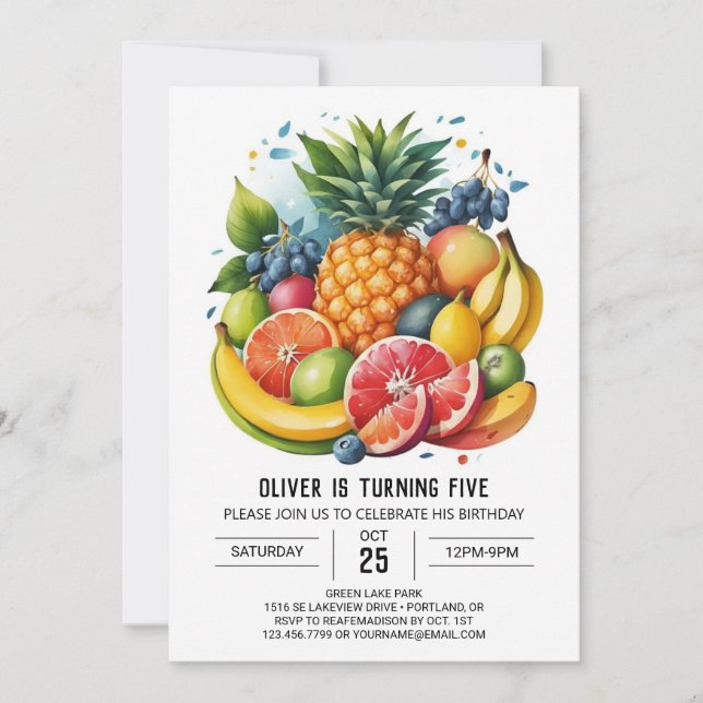 Invitación Cumpleaños de las frutas de manzana digital de col (Anverso)
