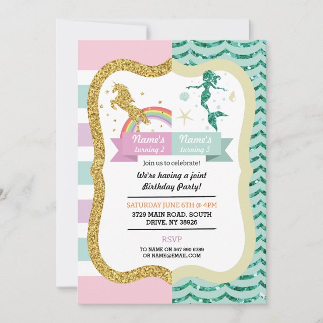 Invitación Cumpleaños de las gemelas Chicas de Unicornio y Si (Anverso)
