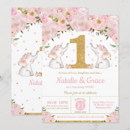 Invitación Cumpleaños de las hermanas gemelas Floral Elefante
