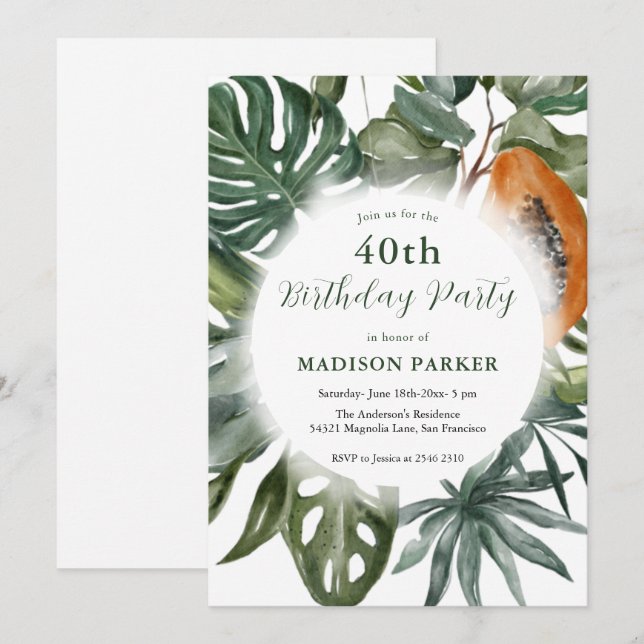 Invitación Cumpleaños de las hojas tropicales (Anverso / Reverso)