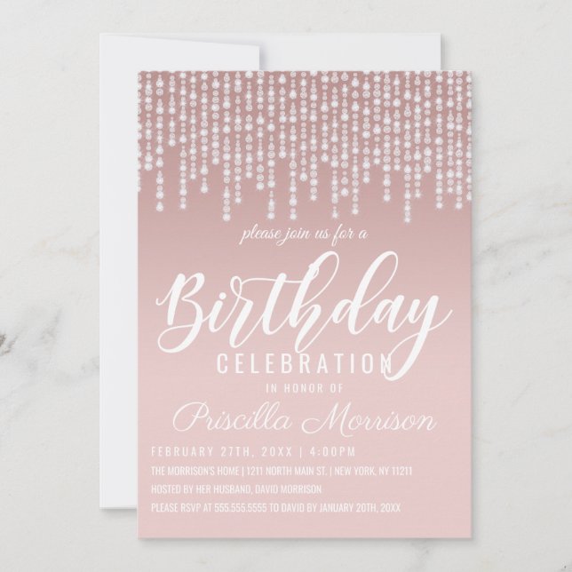 Invitación Cumpleaños de las luces de diamante colgantes rosa (Anverso)