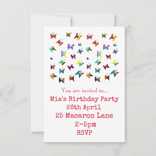 Invitación Cumpleaños de las mariposas coloridas (Anverso)