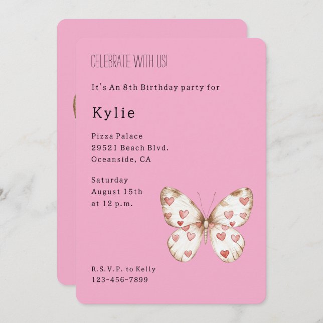 Invitación Cumpleaños de las mariposas de los corazones rosad (Anverso / Reverso)