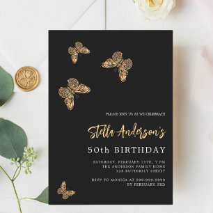 Invitación Cumpleaños de las mariposas de oro negro