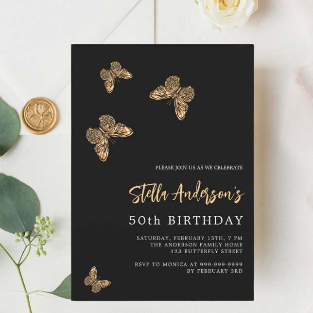 Invitación Cumpleaños de las mariposas de oro negro (Subido por el creador)