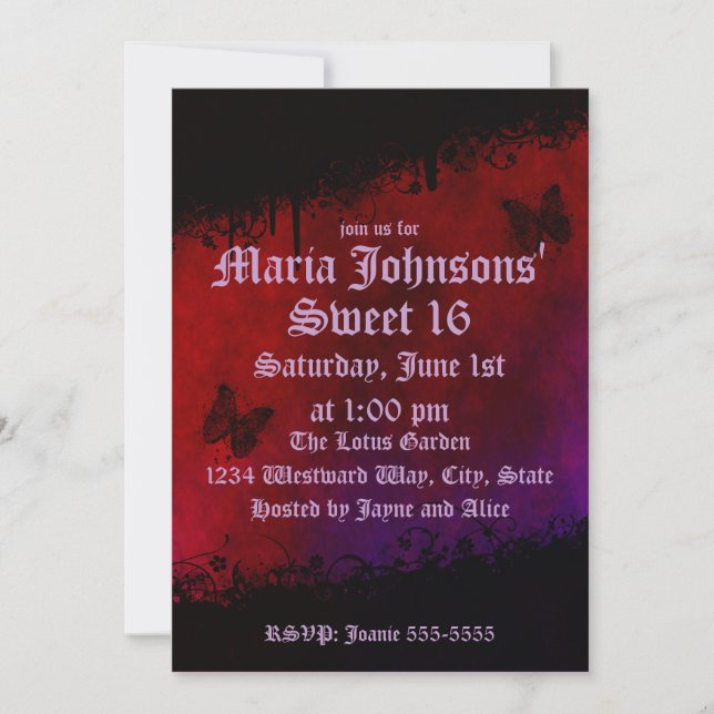 Invitación Cumpleaños de las Mariposas Góticas (Anverso)